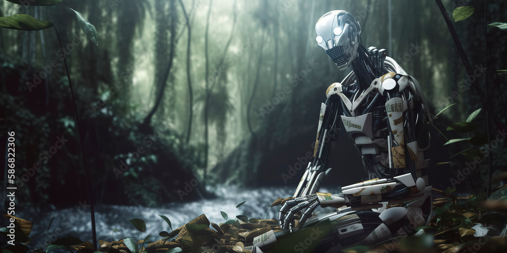 Cyborg Male in the jungle. Generative AI
