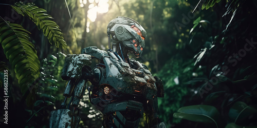 Cyborg Male in the jungle. Generative AI