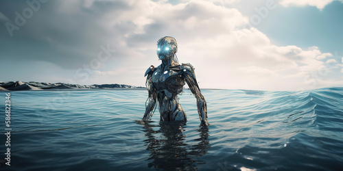 Cyborg Male in the ocean. Generative AI