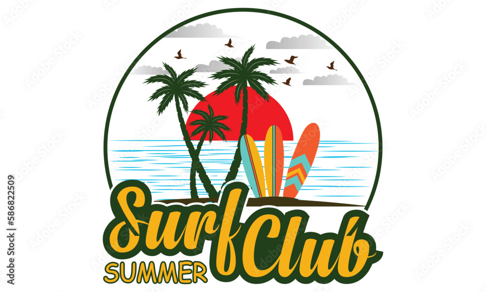 Summer Surfing T-shirt Template For Surf Club. Vintage Emblem In Retro Style. Surfboards, Waves And Hand Drawn Lettering Shirt, Beach, Surf, Surfing, Time For Surfing