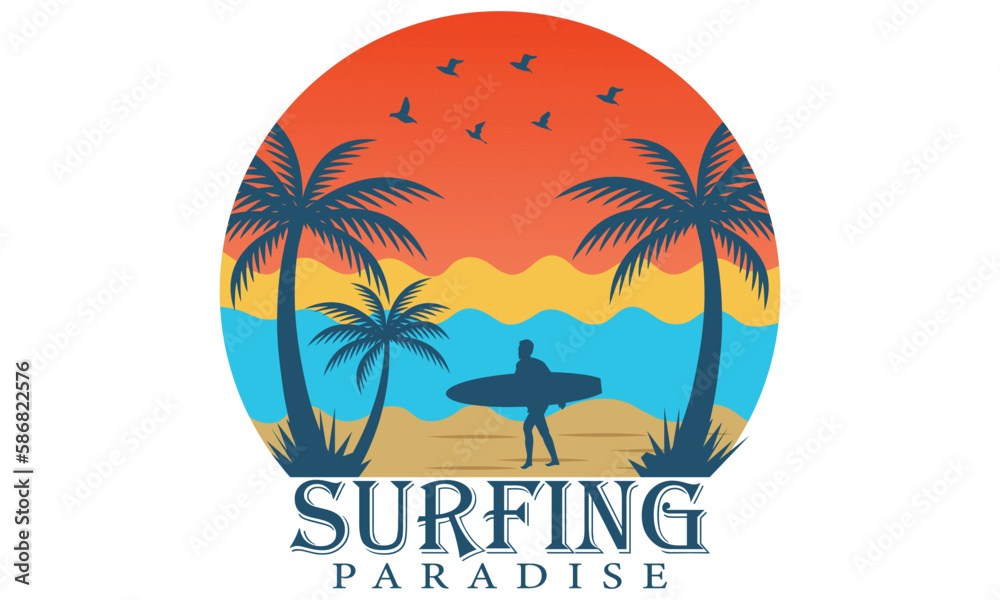 Fototapeta premium Surfing paradise T-shirt design vector Illustration summer concept slogan t shirt. Vector illustration design for fashion graphics, t shirt prints etc. Beach shirt , surfing, time for surfing,
