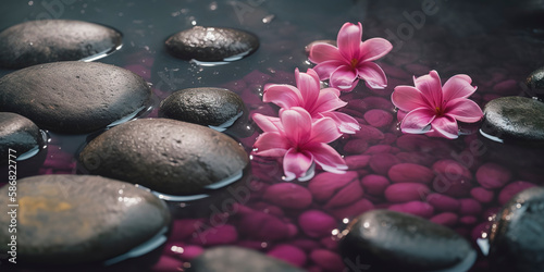 pink spa flowers on spa hot stones on water wet background. Generative AI