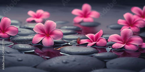 pink spa flowers on spa hot stones on water wet background. Generative AI