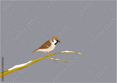 冬の雪の降る木の枝に止まっている切り絵風のスズメのイラスト © karo