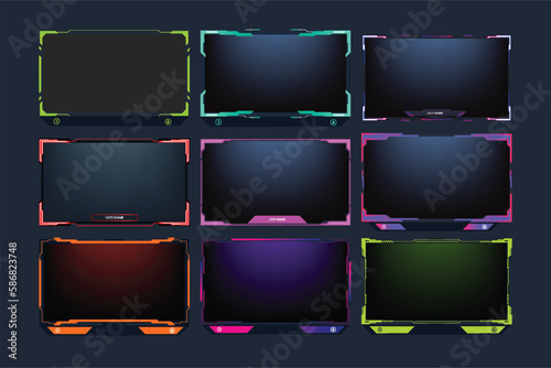 Live streaming overlay design collection for screen panels. Futuristic green, purple, and orange gaming overlay bundle for online gamers. Live stream overlay set vector with colorful buttons.