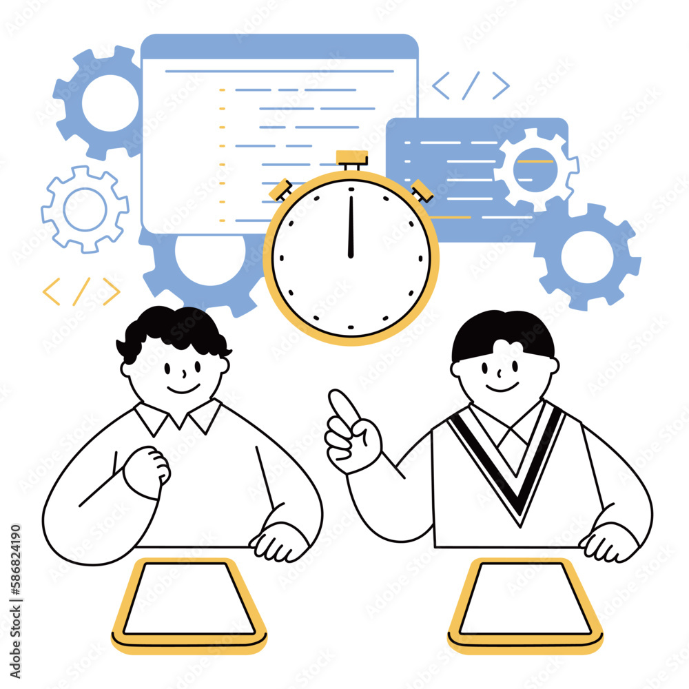 It is a vector illustration of boys who consult about efficiency of coding work.