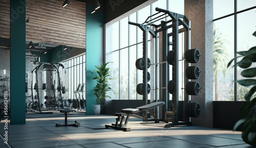 Modern gym interior with sport and fitness equipment, fitness center inteior, inteior of crossfit and workout gym Generative Ai