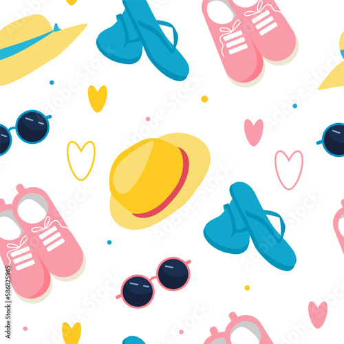Seamless Pattern with Travel accessories. For your design of textile, paper, postcard. Flat vector illustration.