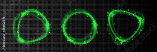 Green light effect circle frame with leaf neon vector set. Fresh energy portal with leaves around and glitter on black transparent background. Shine ring power motion swirl set. Eco line border.