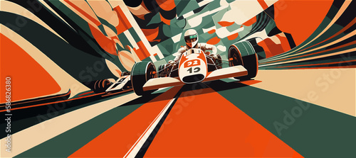 Wide-angle banner inspired by the historic Formula 1 race. Orange and green colors. Vector art. Generative AI technology.