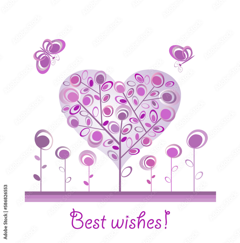 Funny decorative abstract lilac tree in heart shape and flying butterflies for wedding, birthday, baby arrival, mother’s day greeting card and invitations on white background. Psychedelic concept