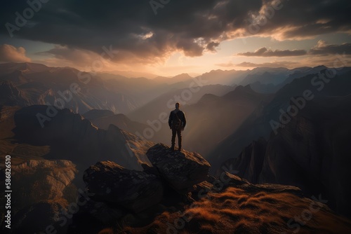 sunset in the mountains and a person is watching, generative AI © legendexpert