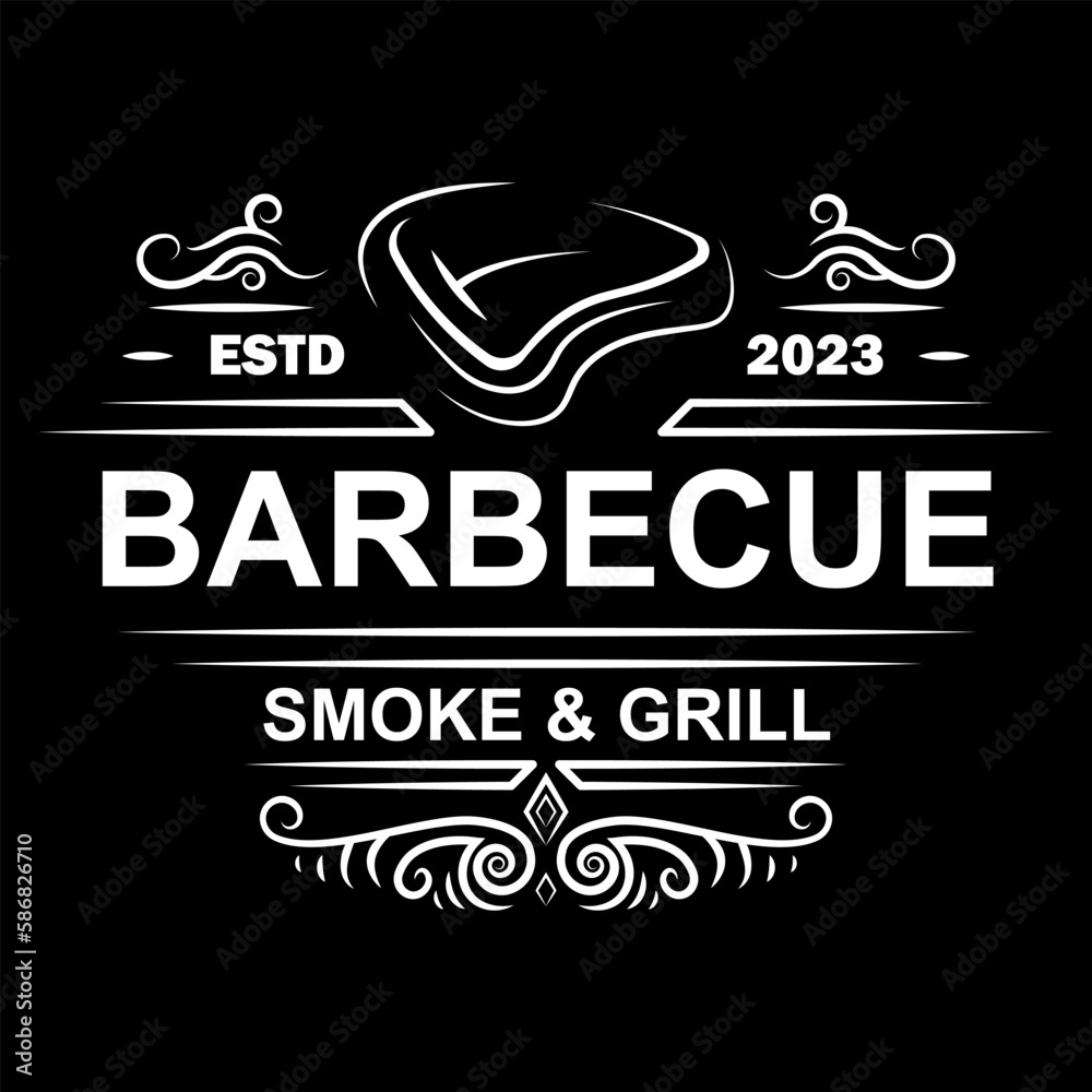 Obraz premium steak barbecue bbq grill bar meat restaurant logo line art template label design vintage ornament
