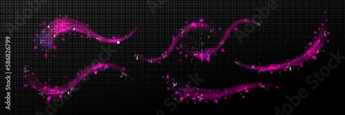 Pink magic glitter light fragrance flow effect. 3d fly flower petal sparkle trail in air. Isolated purple floral blossom mist glow png illustration. Cosmetic cherry breeze swoosh with particle shine.