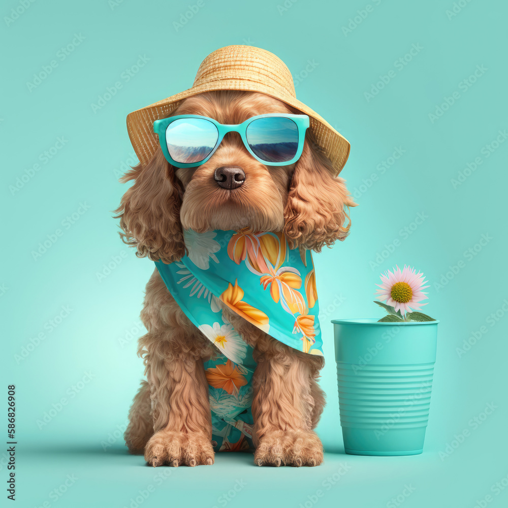 Spaniel dog summer outfit. Dog cocker spaniel breed in cute pose