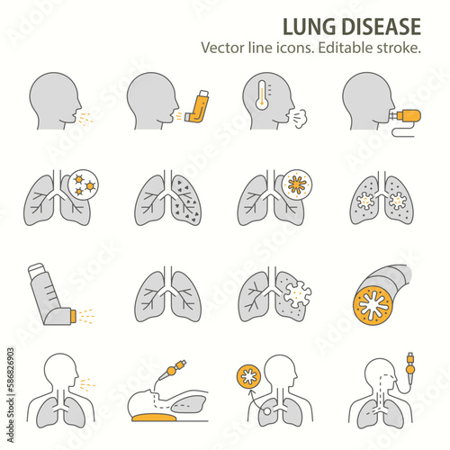 lung disease icons, such as nebulizer, bronchoscopy, bronchitis, spirometry and more. Vector illustration isolated on white. Editable stroke.