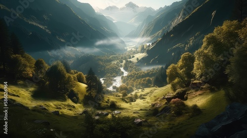 view of the mountains, very beautiful landscape, generative AI © legendexpert