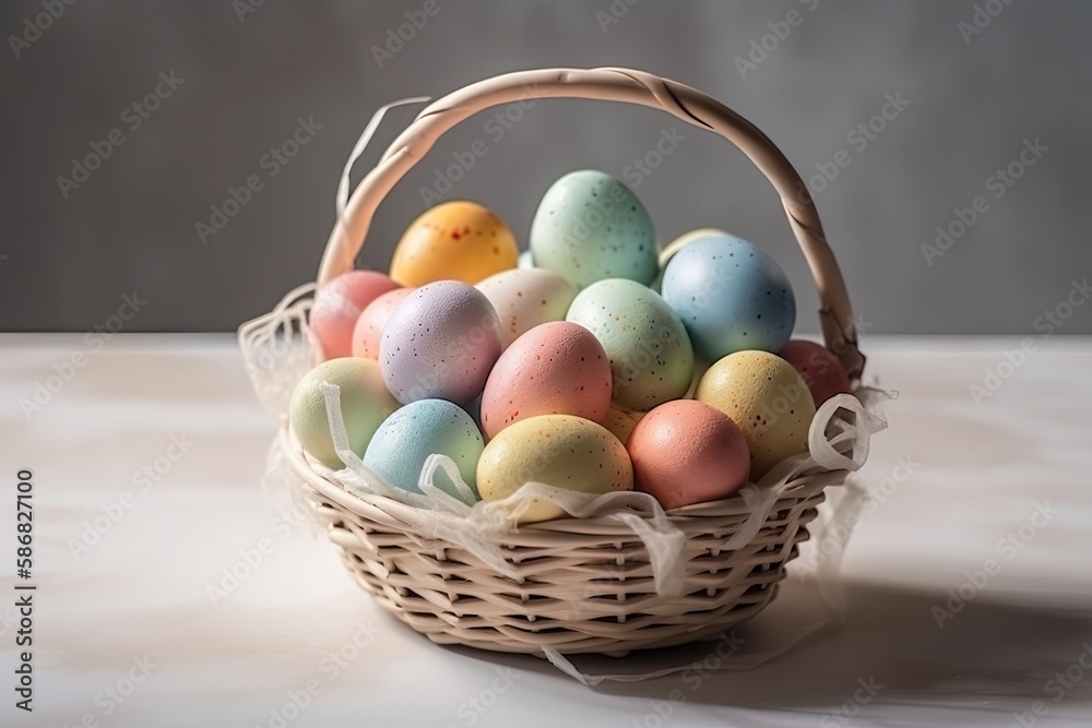 basket full of fresh eggs on a wooden table. Generative AI basket full of fresh eggs on a wooden table. Generative AI