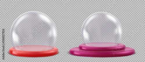 3d empty red snowball with glass dome. Isolated pink magic globe sphere vector set on transparent background. Realistic Christmas gift snowglobe. Glossy wizard fortuneteller on pedestal with shadow.