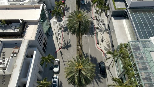 Rodeo Drive Beverly Hills Los Angeles, Pan Down Aerial View, 4K