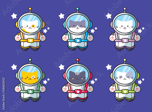 Vector set with cute cats in space.  Funny animals flying in the galaxy. Cute astronaut cats in flat design. Vector illustration