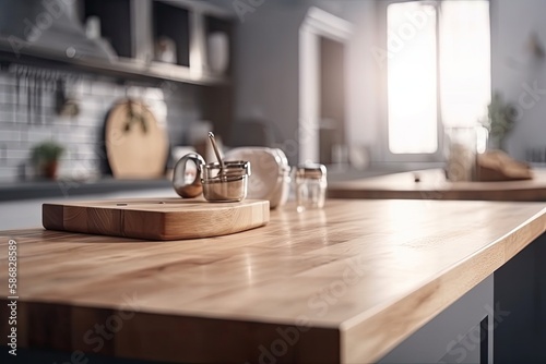 wooden cutting board on a kitchen counter with vegetables and a knife. Generative AI