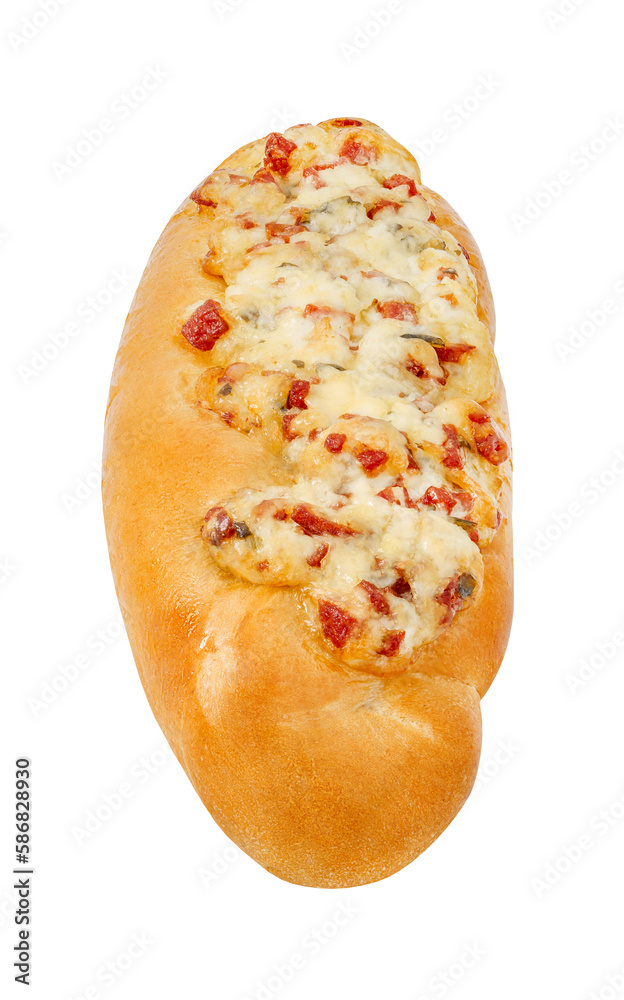 Pizza on baguette bread with salami and melted cheese, view from end, isolated on white background with clipping path Pizza on baguette bread with salami and melted cheese, view from end, isolated on white background with clipping path