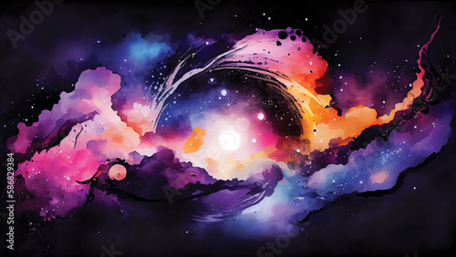 Galaxy landscape full of colorful watercolor stars AI Generated photo