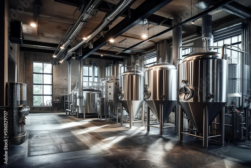 interior of modern craft brewery with beer tanks. Generative AI illustration photo