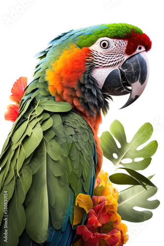 a jungle-themed photographic illustration of a blue green and orange macaw parrot portrait with flowers on a transparent background in PNG. T-shirt Design. Generative AI