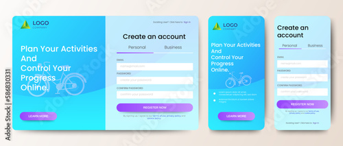 Login and Registration form templates with blue color design. Mobile Sign Up and Sign In page. Professional web design, full set of elements. User-friendly design materials.