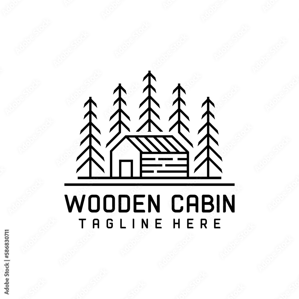 wooden cabin line art logo vector illustration design
