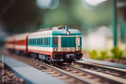Toy blue train on rails. AI generated