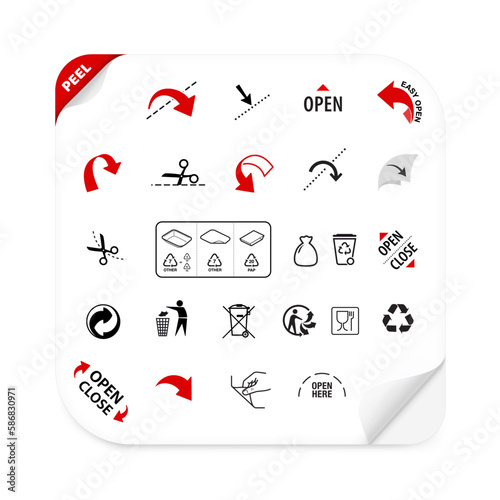 Tray container icons set. Vector illustration isolated on white background. Set for packages, shows the place of opening. EPS10.