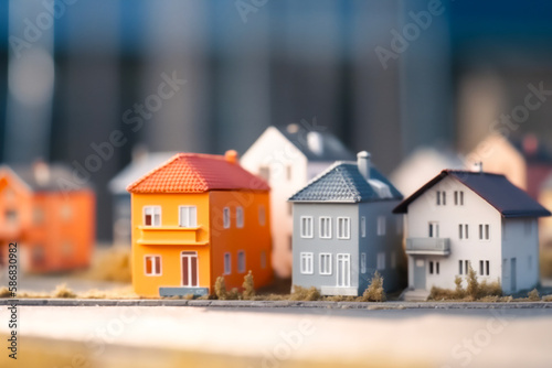 Beautiful little houses, toys, top view, blurred background. AI generated