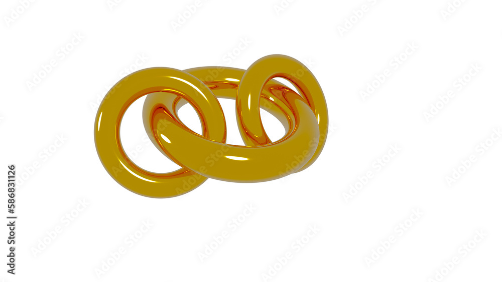 Abstract 3d-illustration as a rendering of three connected golden rings isolated with some reflections in the bright light as a symbol for connection, love and cohesion Abstract 3d-illustration as a rendering of three connected golden rings isolated with some reflections in the bright light as a symbol for connection, love and cohesion