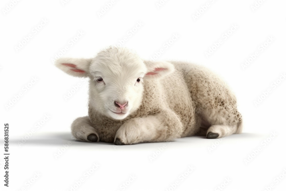 Fototapeta premium cute baby lamb resting on the grassy ground. Generative AI