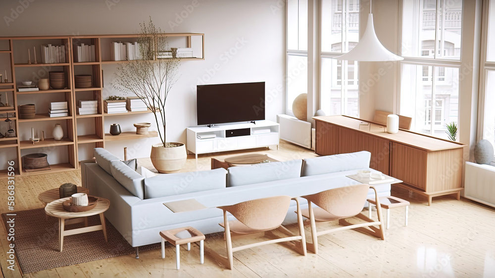 An urban apartment living room with a city street view, featuring a comfortable sofa and wood furniture: photorealistic illustration, Generative AI An urban apartment living room with a city street view, featuring a comfortable sofa and wood furniture: photorealistic illustration, Generative AI