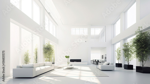 A bright and airy lounge with a spacious, white, and minimalistic interior, flooded with natural sunlight: photorealistic illustration, Generative AI © DIMENSIONS