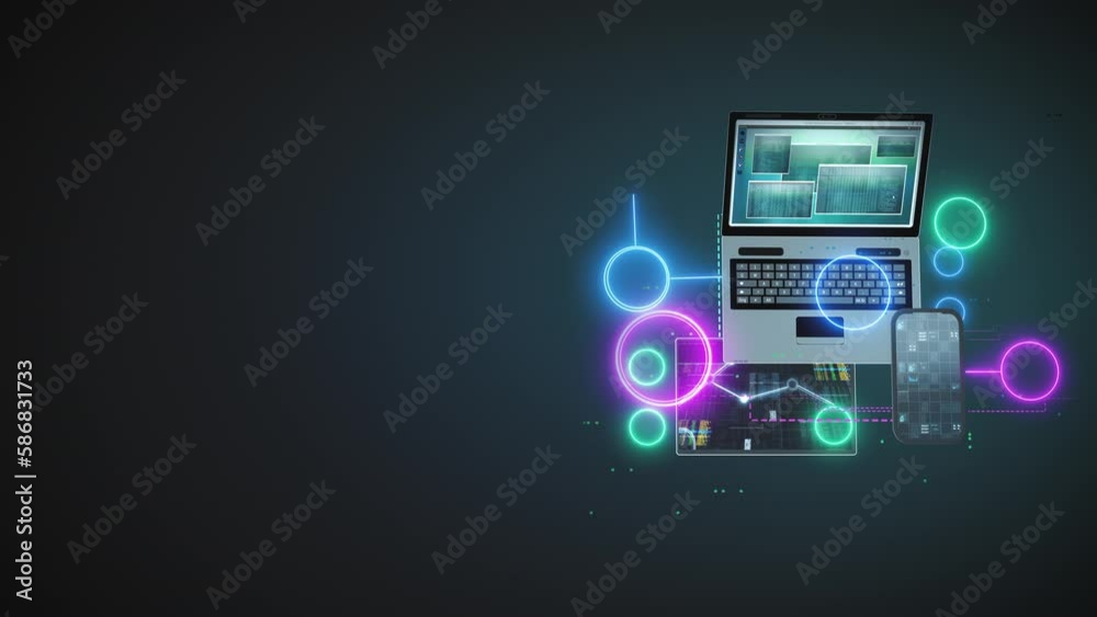 Technical background with network of various working devices. Laptop, PC, tablet, smartphone. Motion graphics animation backdrop Technical background with network of various working devices. Laptop, PC, tablet, smartphone. Motion graphics animation backdrop