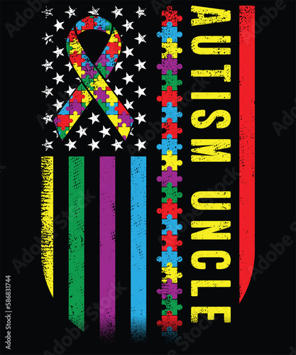 American Flag Autism Uncle Awareness Autistic T-Shirt design. Autism Awareness Day T-Shirt Design Template, Illustration, Vector graphics, Autism Shirt, T-Shirt Design. autistic design, autism