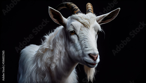 Portrait of a white goat closeup on a black background. Generative AI