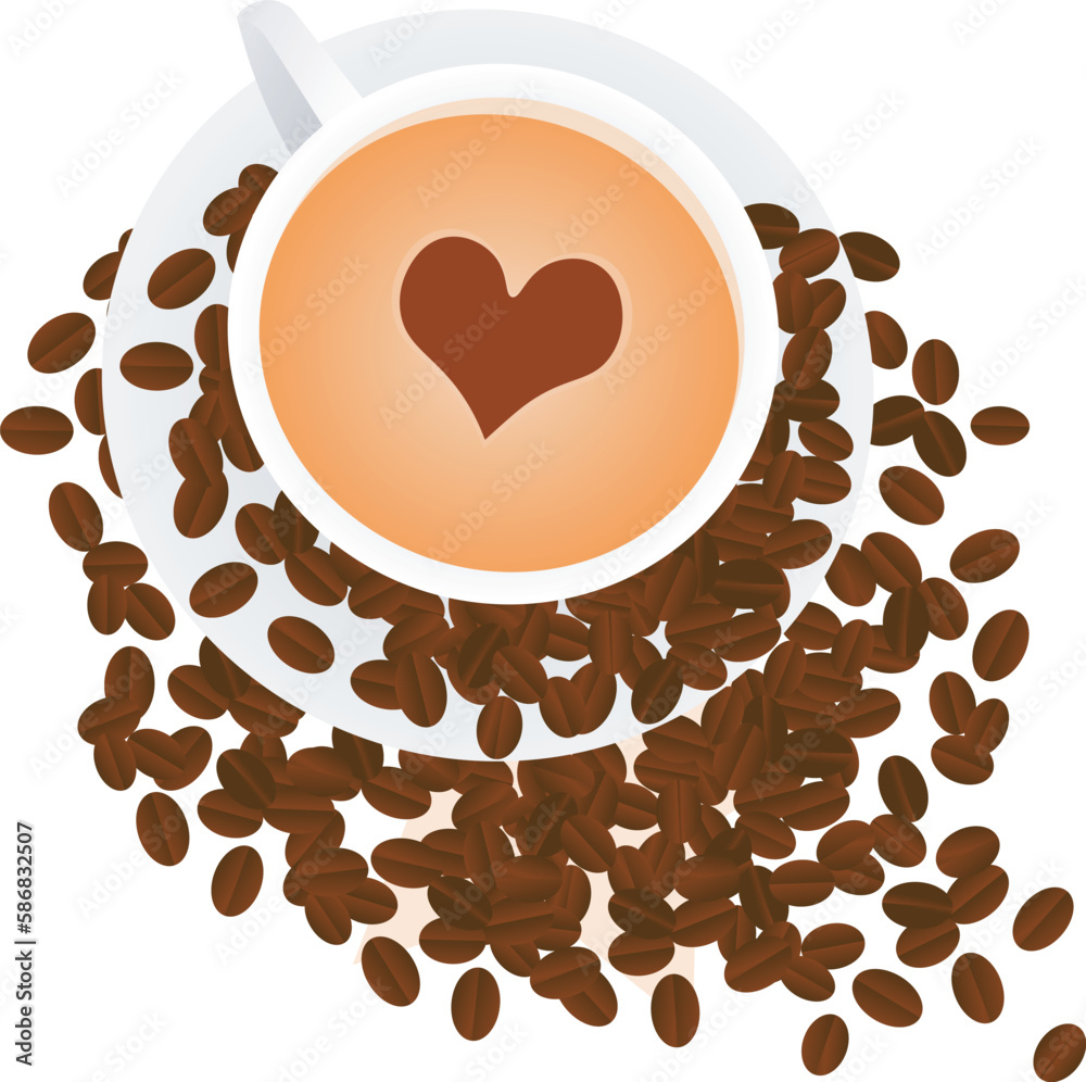 Obraz premium The delicious coffee with a heart with cocoa and coffee beans