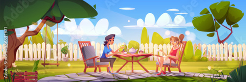 House backyard with garden, fence and table with chairs. Summer landscape of home yard with trees, green grass on lawn and women drink tea sitting in armchairs, vector cartoon illustration