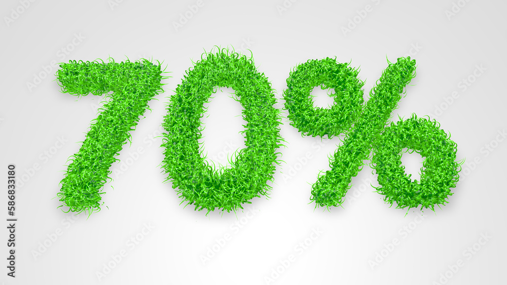 70 percent written with 3D green grass on white background. Concept illustration of 70 percent price discount. Seasonal sale. Banner for advertising. 70 percent written with 3D green grass on white background. Concept illustration of 70 percent price discount. Seasonal sale. Banner for advertising.