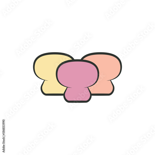 Three colorful mushrooms together. Vector drawing and illustration. Line and outline style with color fill. 