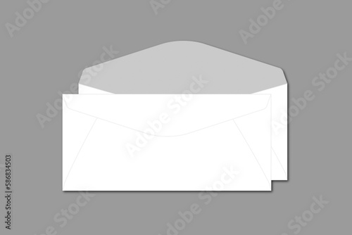 Blank white realistic dl straight flap envelopes mock up. 3d rendering illustration. photo