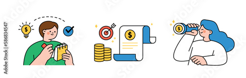 Finance and people, accounts for household economic growth, investment plan management. Plan, goal, search. Vector illustration.