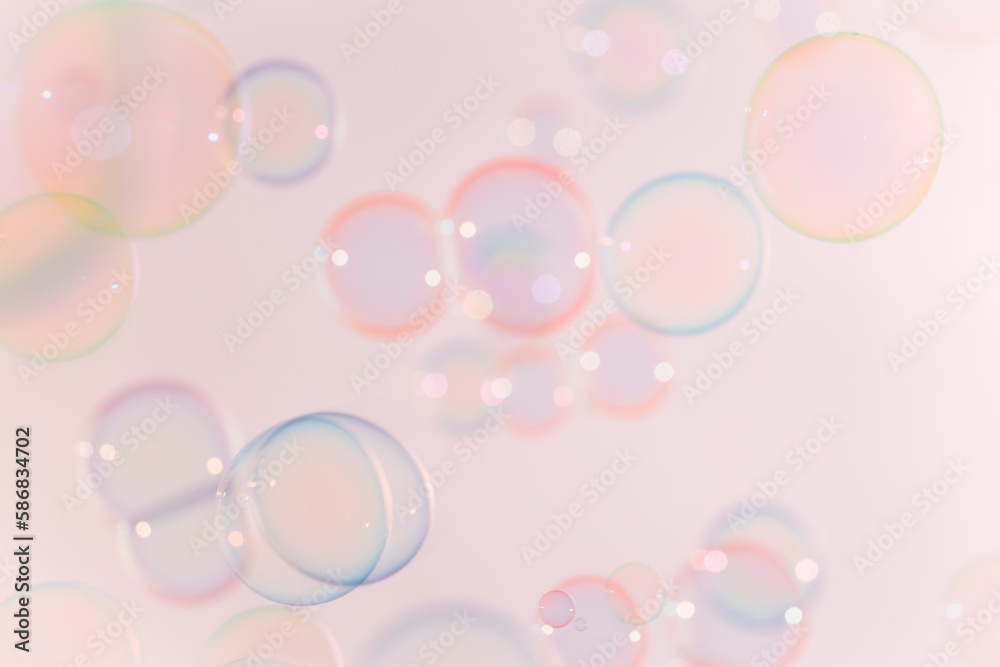 Beautiful Pink anad Blue Soap Bubbles Abstract Background. Defocus, Blurred Celebration, Romantic Love ValentinesTheme. Circles Bubbles. Freshness Soap Sud Bubbles Water