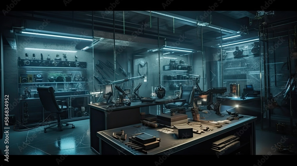 Fototapeta premium Home office bunker, interior garden with futuristic hidroponics system, aeroponi. Generative AI Technology